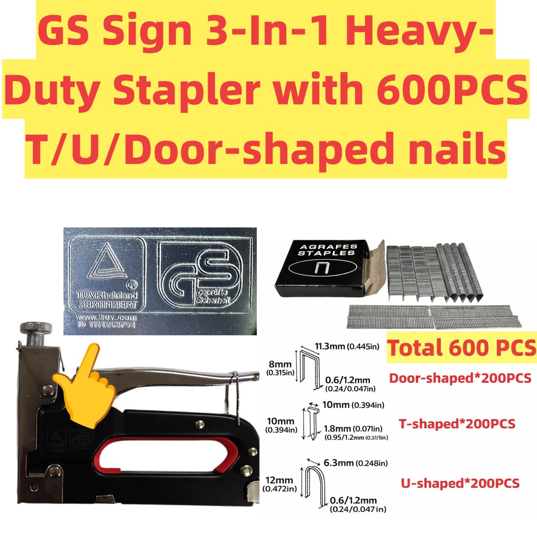 3-in-1 heavy-duty staple gun, GS-marked, with T, U and door-shaped nails